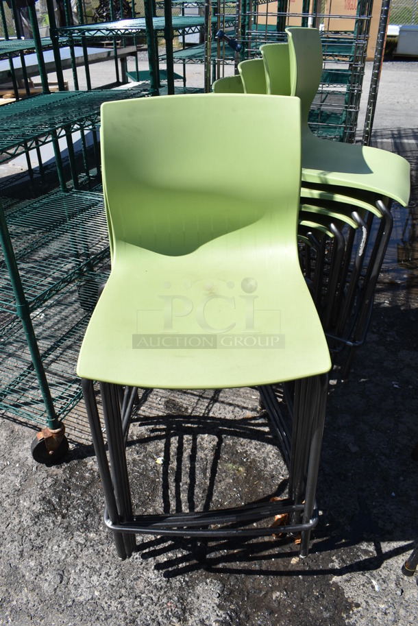 6 Green Poly Bar Height Chairs on Metal Legs. Stock Picture - Cosmetic Condition May Vary. 20x24x38. 6 Times Your Bid!