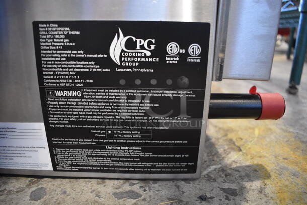 BRAND NEW SCRATCH AND DENT! 2022 Cooking Performance Group 351GTCPG72NL Stainless Steel Commercial Countertop 72" Natural Gas Powered Flat Top Griddle w/ Thermostatic Controls. Missing Knobs and 1 Burner. 180,000 BTU. 72x30x13 - Image 2 of 9