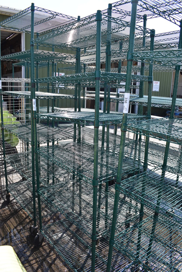 Green Finish 6 Tier Wire Shelving Unit on Commercial Casters. BUYER MUST DISMANTLE. PCI CANNOT DISMANTLE FOR SHIPPING. PLEASE CONSIDER FREIGHT CHARGES. 36x21x78