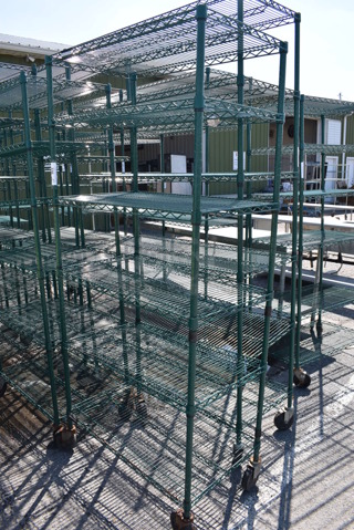 Green Finish 6 Tier Wire Shelving Unit on Commercial Casters. BUYER MUST DISMANTLE. PCI CANNOT DISMANTLE FOR SHIPPING. PLEASE CONSIDER FREIGHT CHARGES. 36x21x80