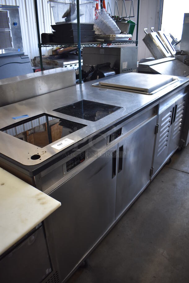 SP-6680 Stainless Steel Commercial Floor Style Counter w/ 2 In Counter Induction Ranges and Cold Plate on Commercial Casters. 240 Volts. 86x33x38.5