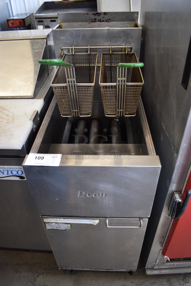 2014 Dean SR42GN Stainless Steel Commercial Floor Style Natural Gas Powered Deep Fat Fryer w/ 2 Metal Fry Baskets on Commercial Casters. 105,000 BTU. 15.5x30x44