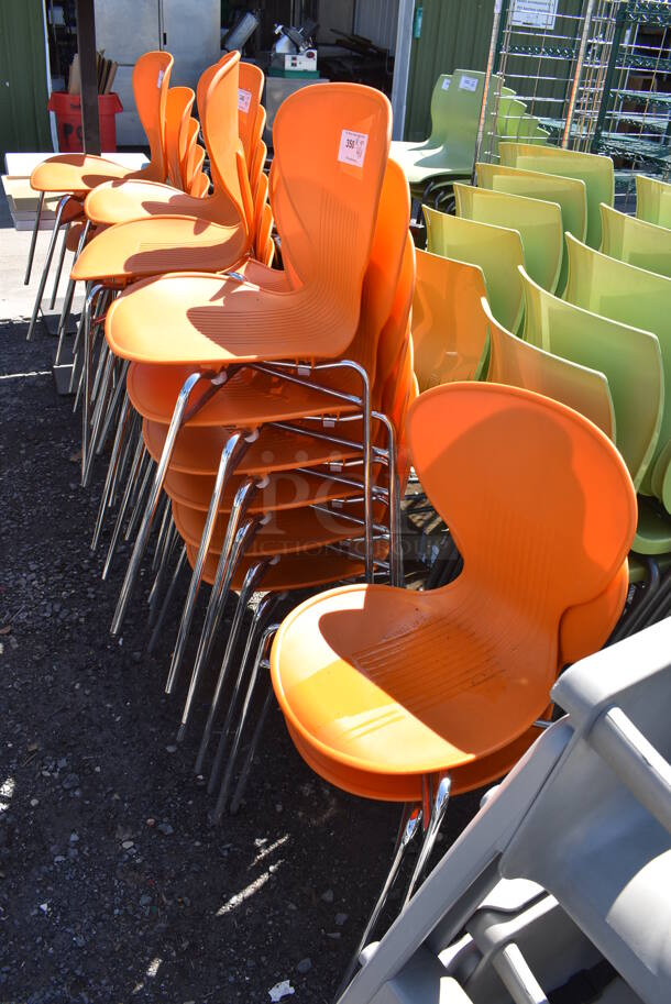 8 Orange Poly Dining Height Chairs on Metal Legs. Stock Picture - Cosmetic Condition May Vary. 18x16x32. 8 Times Your Bid! - Image 5 of 5