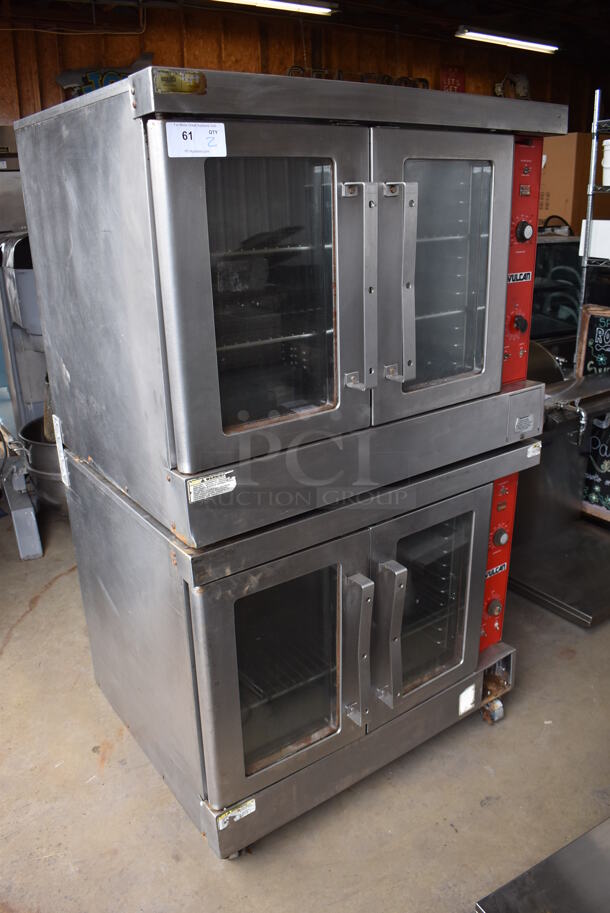2 Vulcan VC4ED Stainless Steel Commercial Electric Powered Full Size Convection Oven w/ View Through Doors, Metal Oven Racks and Thermostatic Controls on Commercial Casters. 208 Volts, 3/1 Phase. 40x32x68. 2 Times Your Bid!