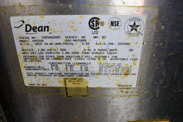 2014 Dean SR42GN Stainless Steel Commercial Floor Style Natural Gas Powered Deep Fat Fryer w/ 2 Metal Fry Baskets on Commercial Casters. 105,000 BTU. 15.5x30x44 - Image 6 of 6