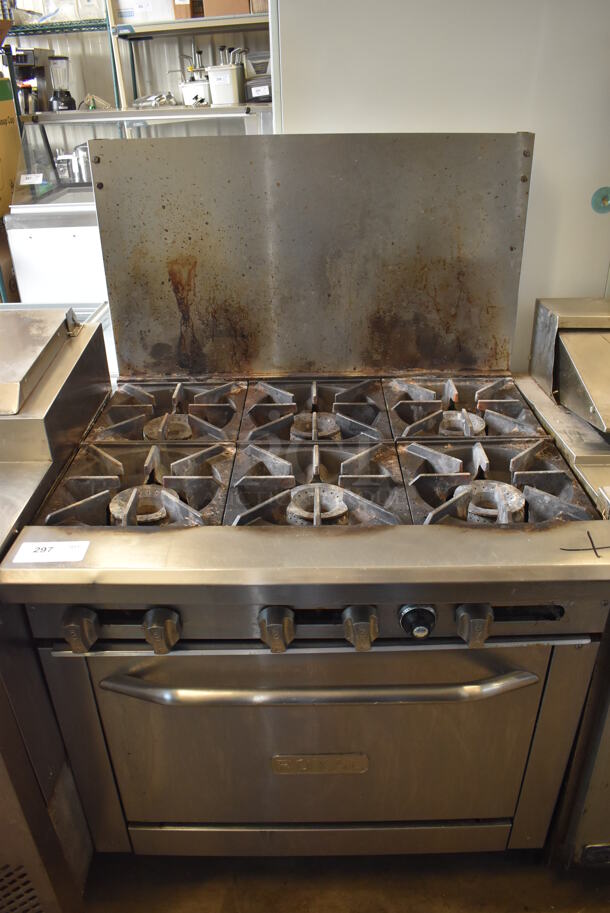 Royal Stainless Steel Commercial Natural Gas Powered 6 Burner Range w/ Oven and Back Splash on Commercial Casters. 36x32.5x56