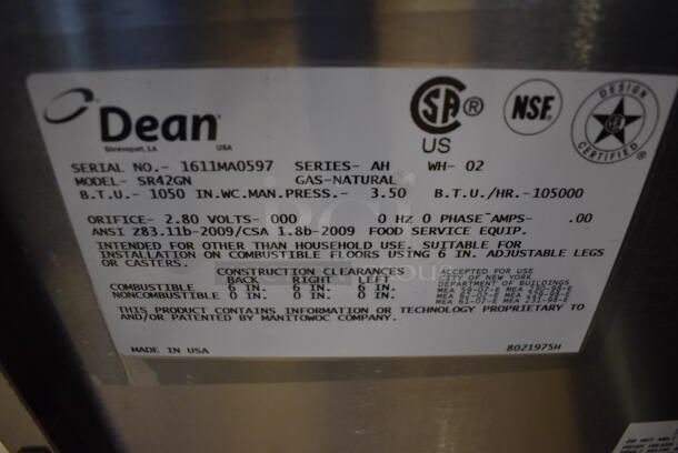 2016 Dean SR42GN Stainless Steel Commercial Natural Gas Powered Deep Fat Fryer w/ 2 Metal Fry Baskets. 105,000 BTU. 15.5x30x44 - Image 7 of 7
