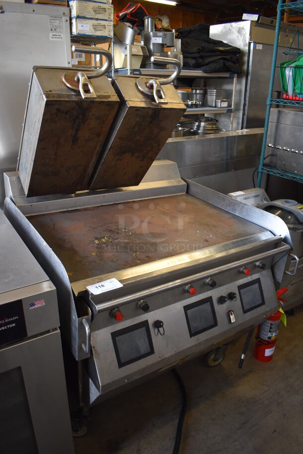 Stainless Steel Commercial Floor Style Electric Powered Flat Top Griddle w/ 2 Lowering Panini Press Tops on Commercial Casters. 208/240 Volts. 39.5x39x34