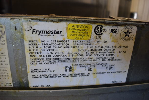 2012 Frymaster BIGLA230-4CSD Stainless Steel Commercial Natural Gas Powered 4 Bay Deep Fat Fryer on Commercial Casters. 31x32x42 - Image 6 of 7