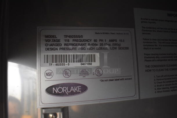 Norlake TF492SSS/0 Stainless Steel Commercial 2 Door Reach In Cooler w/ Poly Coated Racks on Commercial Casters. 115 Volts, 1 Phase. 54.5x30x82.5. Tested and Powers On But Does Not Get Cold - Image 2 of 5
