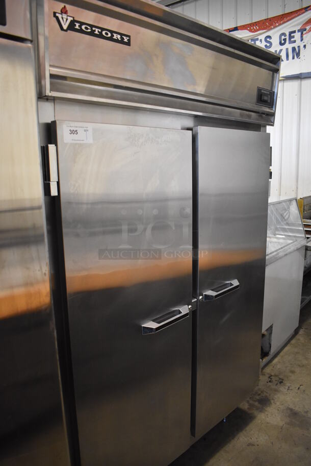 2013 Victory RS-2D-S7 Stainless Steel Commercial 2 Door Reach In Cooler w/ Poly Coated Racks. 115 Volts, 1 Phase. 52x33x83. Tested and Powers On But Does Not Get Cold