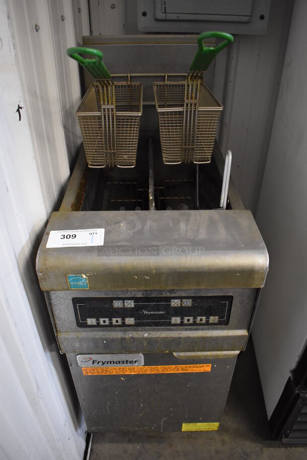 2016 Frymaster PH155-2SC Stainless Steel Commercial Floor Style Natural Gas Powered Deep Fat Fryer w/ 2 Metal Fry Baskets on Commercial Casters. 16x30x45