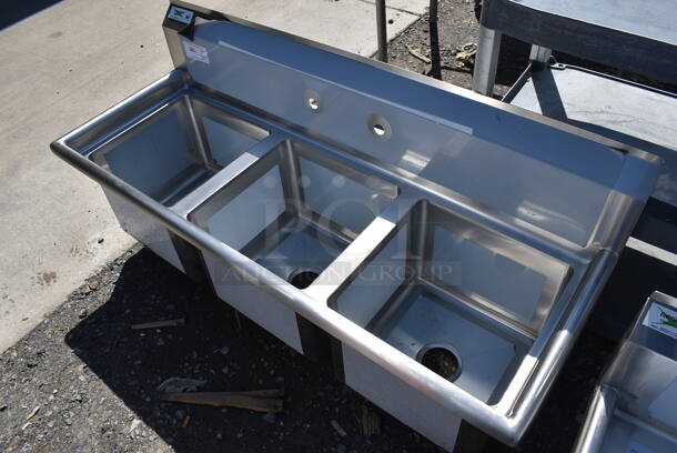 BRAND NEW SCRATCH AND DENT! Regency 600s31515 Stainless Steel Commercial 16 Gauge 3 Bay Sink. No Legs. 54x20x23. Bays 14x14x12 - Image 4 of 6