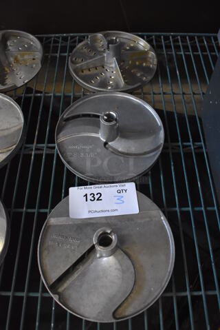 3 Robot Coupe Metal Food Processor Blades; Shredding and 2 Slicing. EM/SC 8 5/16, E/S 3 1/8" and RG3. 8x8x2. 3 Times Your Bid!