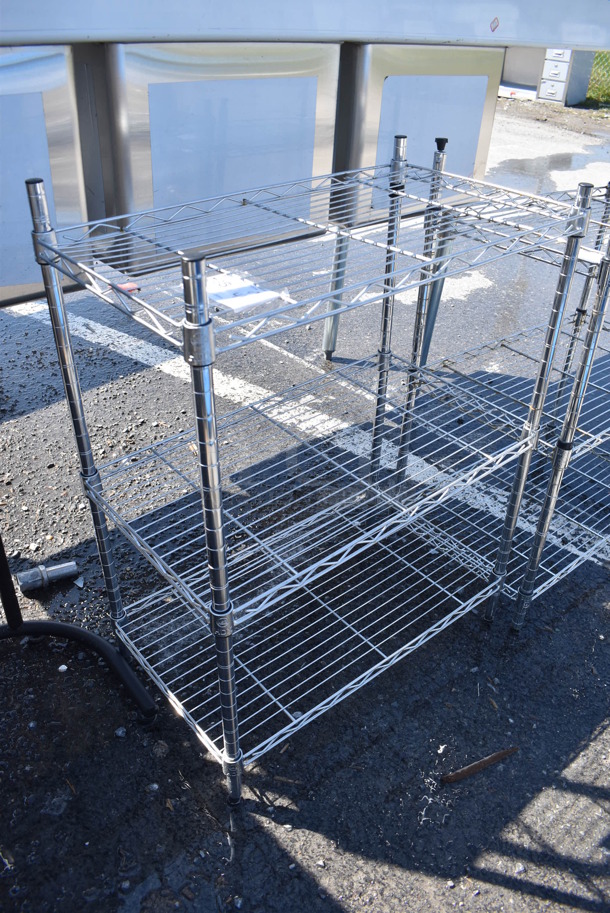Chrome Finish 3 Tier Wire Shelving Unit. BUYER MUST DISMANTLE. PCI CANNOT DISMANTLE FOR SHIPPING. PLEASE CONSIDER FREIGHT CHARGES. 23x13x31