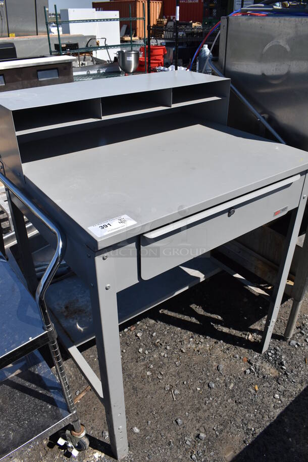 Gray Metal Table w/ Drawer. 34.5x30.5x47