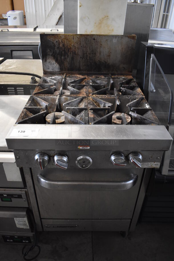 Southbend Stainless Steel Commercial Natural Gas Powered 4 Burner Range w/ Oven, Over Shelf and Back Splash on Commercial Casters. 24.5x34.5x40