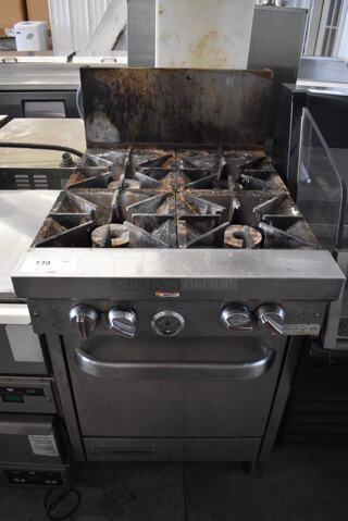 Southbend Stainless Steel Commercial Natural Gas Powered 4 Burner Range w/ Oven, Over Shelf and Back Splash on Commercial Casters. 24.5x34.5x40