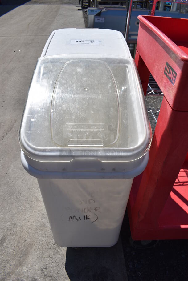 White Poly Ingredient Bin on Commercial Casters. 10x28.5x29