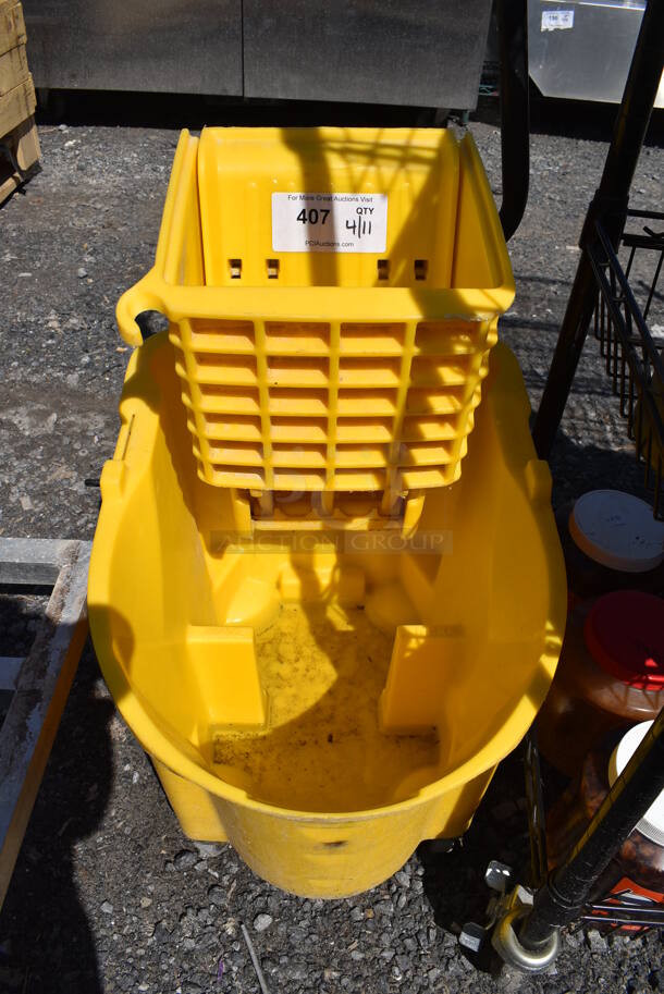 Rubbermaid Yellow Poly Mop Bucket w/ Wringing Attachment on Commercial Casters. 15x18x36 - Image 3 of 3