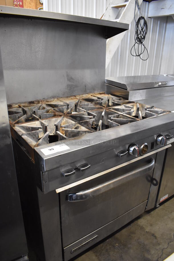 Southbend Stainless Steel Commercial Natural Gas Powered 6 Burner Range w/ Oven, Over Shelf and Back Splash on Commercial Casters. Missing Burners. 36x34x58 - Image 2 of 5