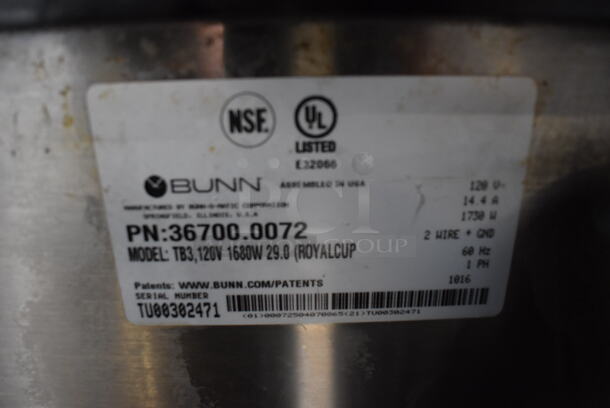 2016 Bunn TB3 Stainless Steel Commercial Countertop Iced Tea Machine w/ 2 Metal Beverage Holder Dispensers and Poly Brew Basket. 120 Volts, 1 Phase. 13x26x33 - Image 4 of 4