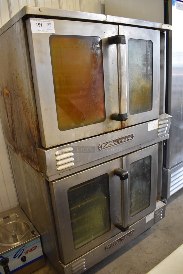 2 Southbend SL Series Stainless Steel Commercial Full Size Natural Gas Powered Convection Ovens w/ View Through Doors, Metal Oven Racks and Thermostatic Controls on Commercial Casters. 40x30.5x59. 2 Times Your Bid!