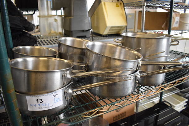 16 Various Metal Items; 15 Sauce Pans and 1 Stock Pot. Includes 13x13x7. 16 Times Your Bid! 