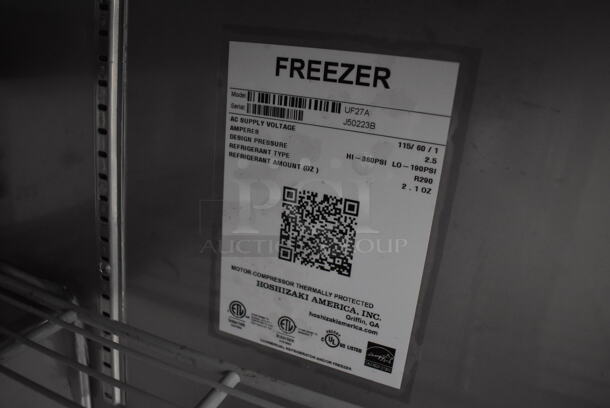 2019 Hoshizaki UF27A Stainless Steel Commercial Single Door Undercounter Freezer on Commercial Casters. 115 Volts, 1 Phase. 27x30x33.5. Tested and Working! - Image 4 of 4