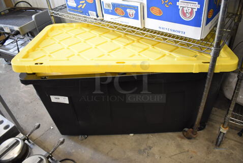 Black and Yellow Poly Bin w/ Plastic Containers. 37x21x25