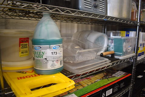 ALL ONE MONEY! Tier Lot of Various Items Including Wet Floor Caution Sign, Poly Bins