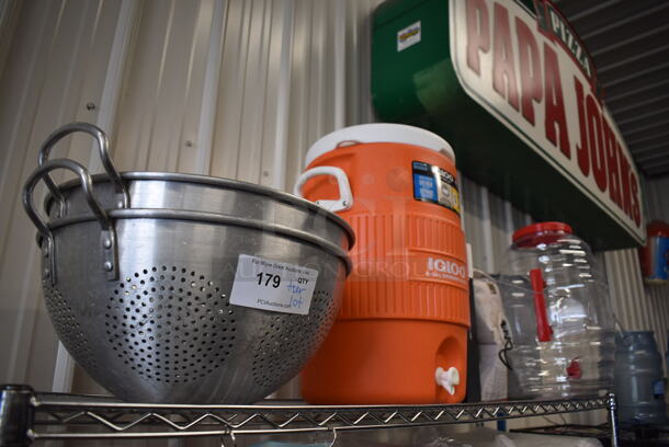 ALL ONE MONEY! Tier Lot of Various Items Including Metal Colanders and Igloo Beverage Dispenser