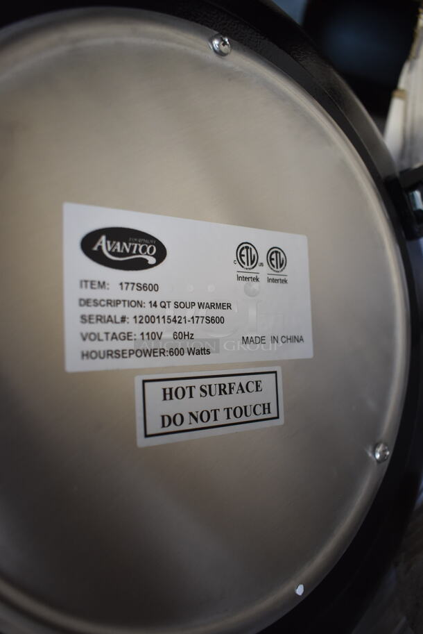 BRAND NEW! Avantco 177S600 Metal Commercial Countertop 14 Qt. Black Soup Kettle Warmer. 120 Volts, 1 Phase. 18x18x12. Tested and Working! - Image 7 of 7
