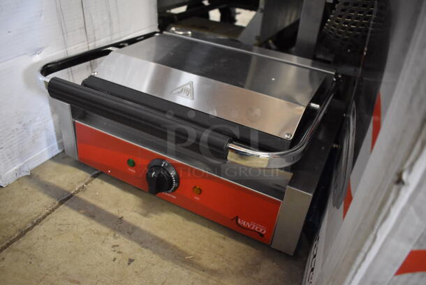 BRAND NEW IN BOX! Avantco 177P70S Stainless Steel Commercial Countertop Panini Sandwich Grill with Smooth Plates. 120 Volts, 1 Phase. 19x19x12. Tested and Working! - Image 2 of 7