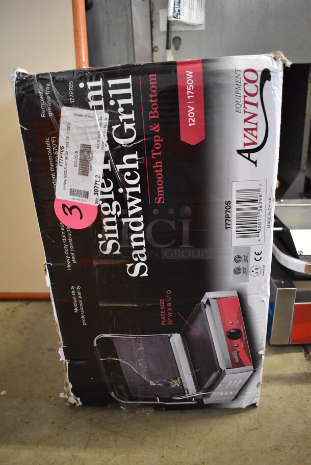 BRAND NEW IN BOX! Avantco 177P70S Stainless Steel Commercial Countertop Panini Sandwich Grill with Smooth Plates. 120 Volts, 1 Phase. 19x19x12. Tested and Working! - Image 7 of 7