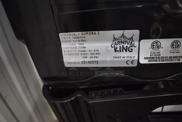 LIKE NEW! Carnival King AURORA 3 Stainless Steel Commercial Countertop Triple 1.6 Gallon Pourover Granita Frozen Beverage Dispenser. Unit Has Only Been Used a Few Times! 120 Volts, 1 Phase. 25x17x30. Tested and Working But Middle Auger Does Not Spin - Image 6 of 7