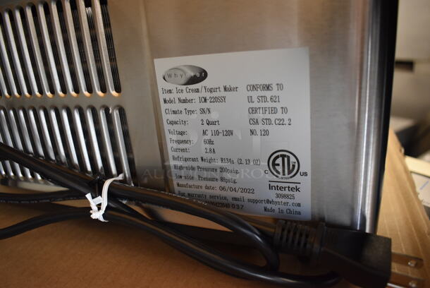 BRAND NEW SCRATCH AND DENT! Whynter ICM-220SSY Stainless Steel Countertop Ice Cream Yogurt Maker. 110-120 Volts, 1 Phase. 17x12x10.5. Tested and Working! - Image 6 of 7