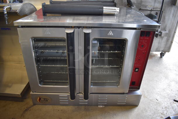 BRAND NEW SCRATCH AND DENT! Cooking Performance Group FGC 100 Stainless Steel Commercial Natural Gas Powered Single Deck Standard Depth Full Size Convection Oven w/ View Through Doors, Metal Oven Racks and Thermostatic Controls. Unit Has Broken Knobs and Buttons. Comes w/ Legs. 54,000 BTU. 38x30x30