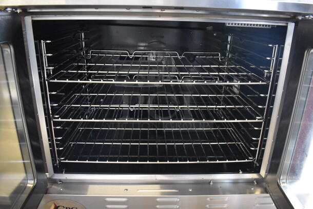 BRAND NEW SCRATCH AND DENT! Cooking Performance Group FGC 100 Stainless Steel Commercial Natural Gas Powered Single Deck Standard Depth Full Size Convection Oven w/ View Through Doors, Metal Oven Racks and Thermostatic Controls. Unit Has Broken Knobs and Buttons. Comes w/ Legs. 54,000 BTU. 38x30x30 - Image 6 of 7