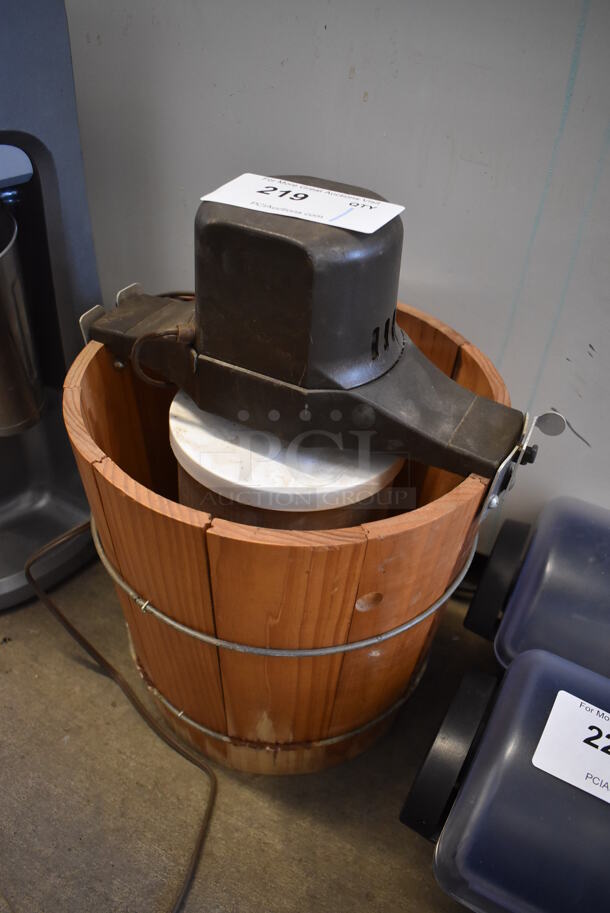 Wooden Bucket w/ Ice Cream Maker Attachment. 110 Volts, 1 Phase. 13x11x14. Tested and Powers But Parts Do Not Move and Does Not Get Cold - Image 2 of 5