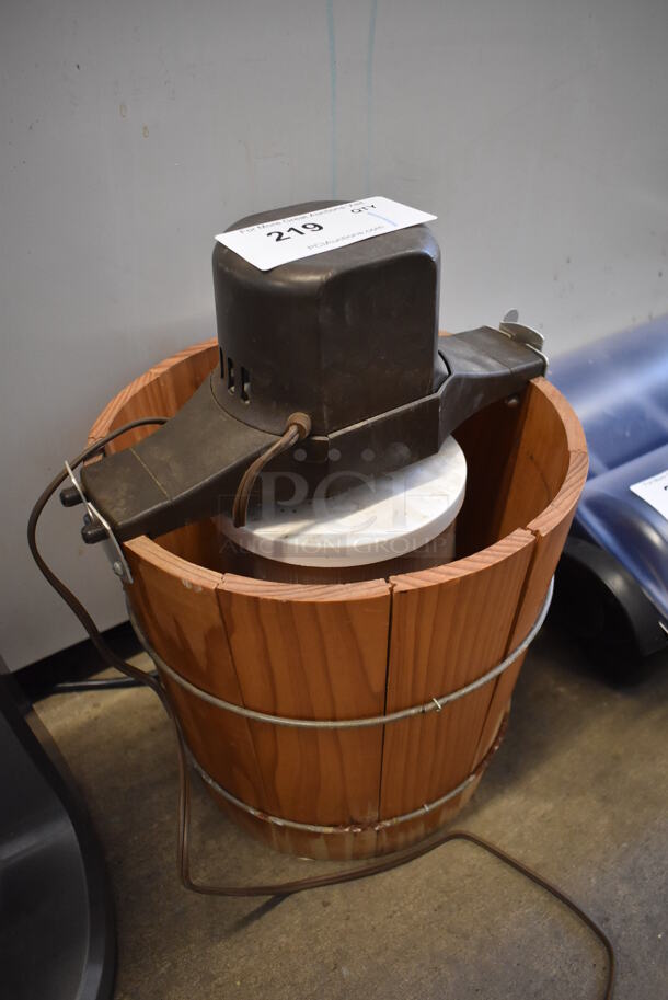 Wooden Bucket w/ Ice Cream Maker Attachment. 110 Volts, 1 Phase. 13x11x14. Tested and Powers But Parts Do Not Move and Does Not Get Cold - Image 3 of 5