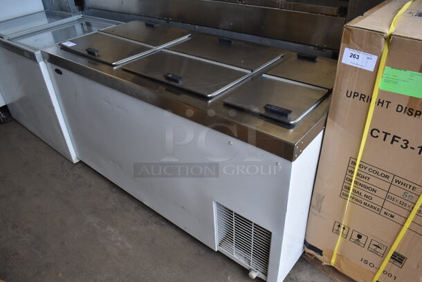 Standex FF204WVS/0 Stainless Steel Commercial Chest Freezer w/ 3 Center Hinge Lids on Commercial Casters. 115/208-230 Volts, 1 Phase. 67x30x34. Tested and Working!