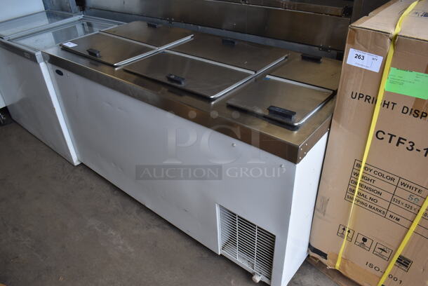 Standex FF204WVS/0 Stainless Steel Commercial Chest Freezer w/ 3 Center Hinge Lids on Commercial Casters. 115/208-230 Volts, 1 Phase. 67x30x34. Tested and Working! - Image 1 of 6