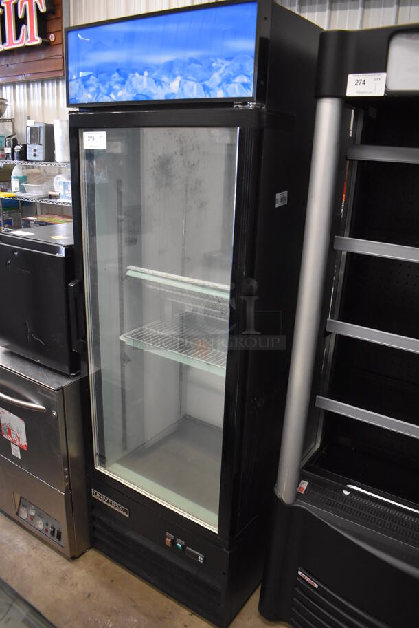 Universal EGDMF-29B Metal Commercial Single Door Reach In Freezer Merchandiser w/ Poly Coated Racks. 115 Volts, 1 Phase. 27x26x80. Tested and Working!