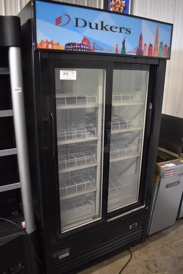Dukers DSM-32SR Metal Commercial 2 Door Reach In Cooler Merchandiser w/ Poly Coated Racks on Commercial Casters. 115 Volts, 1 Phase. 39.5x30x79.5. Tested and Working!