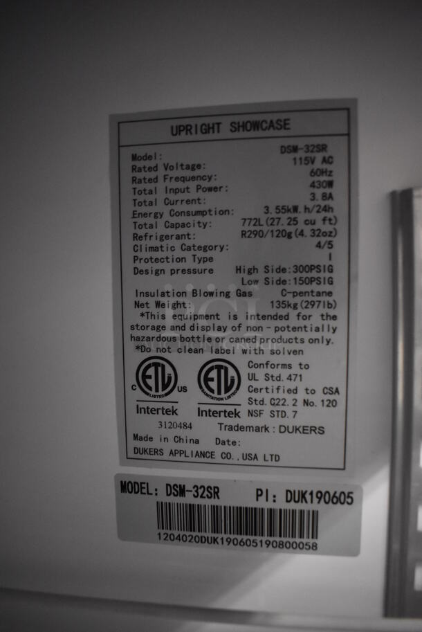 Dukers DSM-32SR Metal Commercial 2 Door Reach In Cooler Merchandiser w/ Poly Coated Racks on Commercial Casters. 115 Volts, 1 Phase. 39.5x30x79.5. Tested and Working! - Image 5 of 5