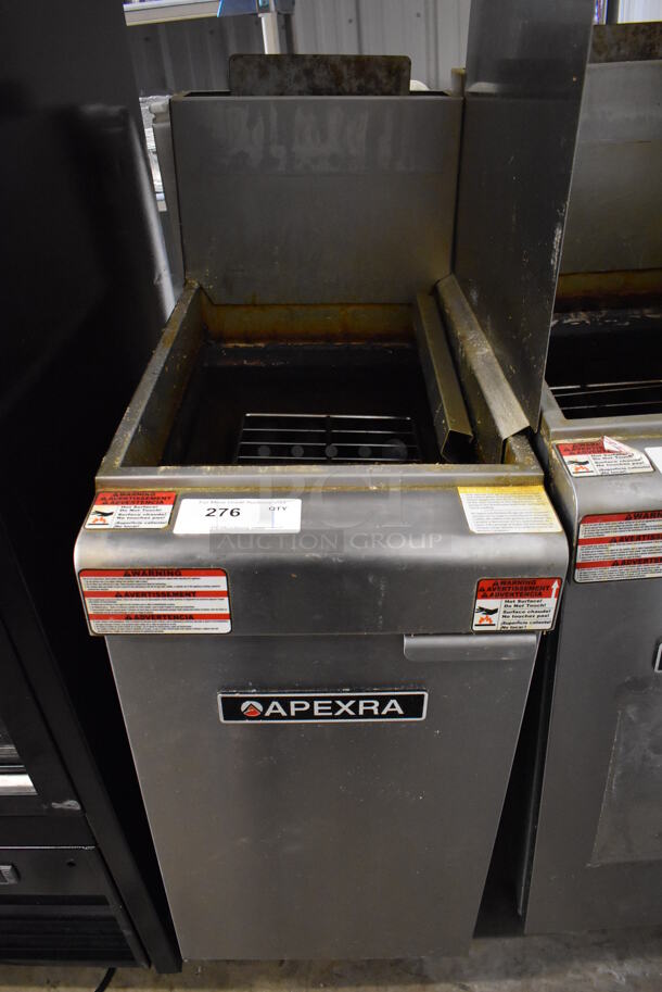 2019 Aprexa APX3-40N Stainless Steel Commercial Natural Gas Powered Deep Fat Fryer w/ Right Side Splash Guard. 90,000 BTU. 15.5x30x50