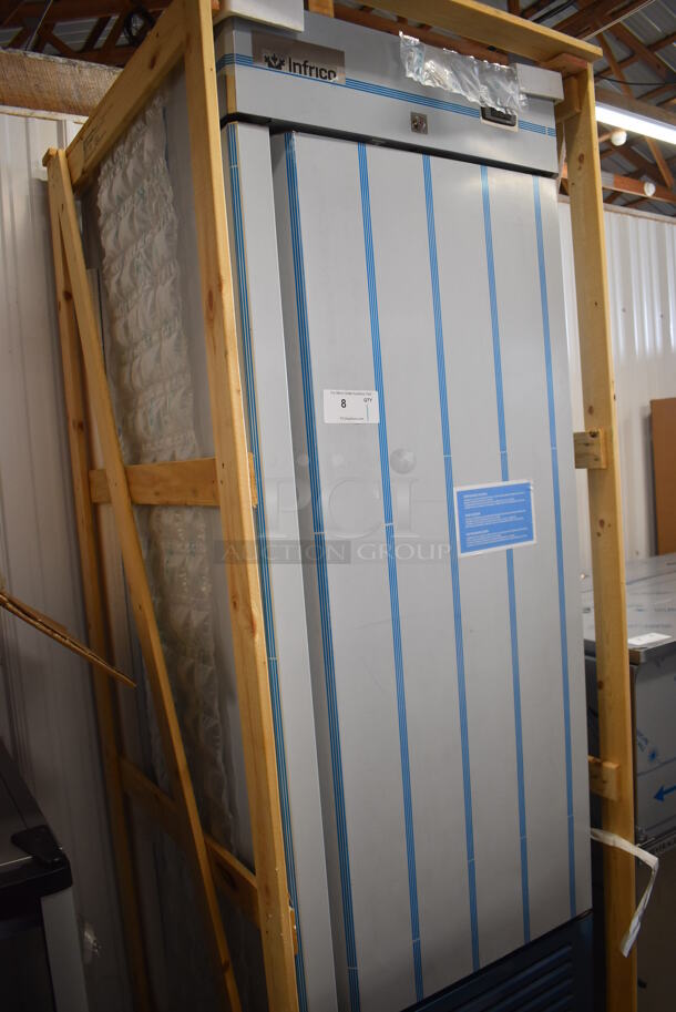 BRAND NEW IN CRATE! Infrico AN23 Stainless Steel Commercial Single Door Reach In Cooler w/ Poly Coated Racks on Commercial Casters. 115 Volts, 1 Phase. 26x30x84. Tested and Working! - Image 1 of 6