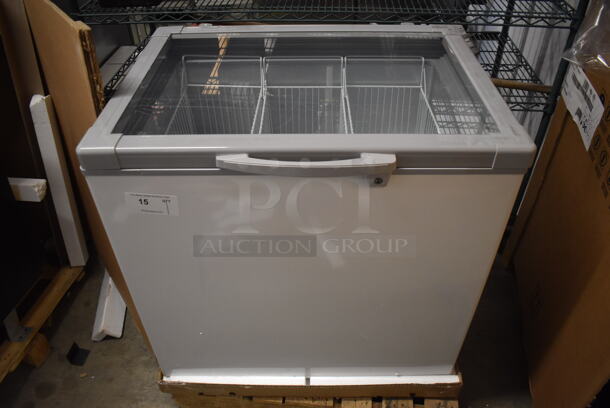 BRAND NEW IN BOX! XS246YBL Metal Commercial Chest Freezer Showcase Merchandiser w/ View Through Lid and Poly Coated Baskets. 32.5x24x33. Tested and Working!