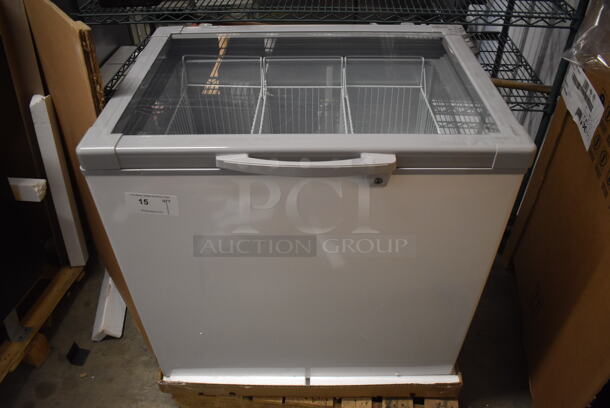 BRAND NEW IN BOX! XS246YBL Metal Commercial Chest Freezer Showcase Merchandiser w/ View Through Lid and Poly Coated Baskets. 32.5x24x33. Tested and Working! - Image 1 of 6